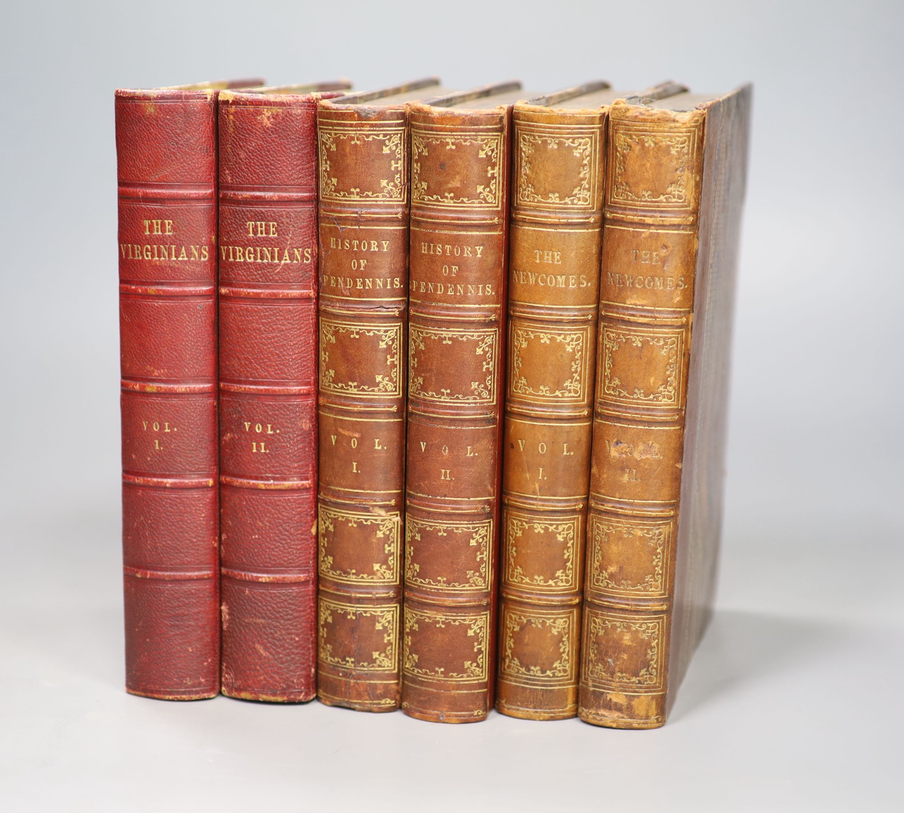Thackeray, William Makepeace - The Works, 6 vols, 8vo, half red morocco (2) and half calf (4) with marbled boards, early fly leaves, titles and leaves stained, Bradbury and Evans, London, 1849-59